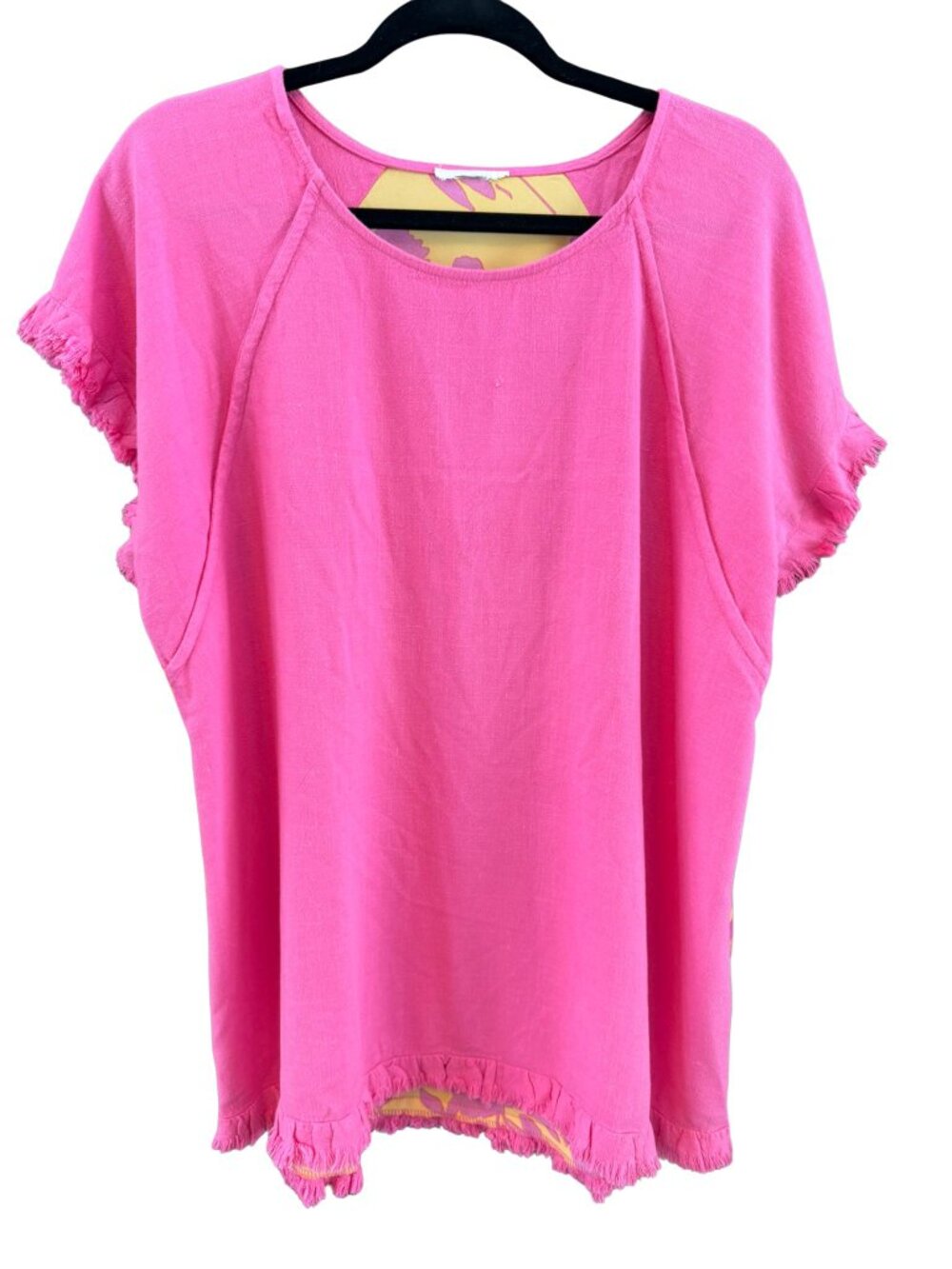 Linen Cotton Pink Floral Tunic Top Women's L Frayed Ruffle Boho Resort Summer